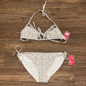 NWT Candie’s Two Piece Floral String Bikini White Pink Green Size XL